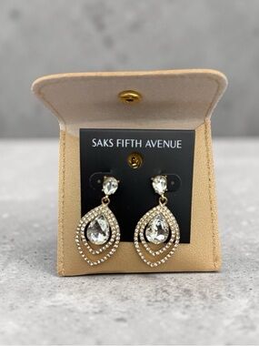 Saks Fifth Avenue Gold Tone Crystal Teardrop Dangle Earrings NWT